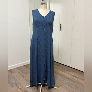 Sweet Miss Vintage Blue Polka dot  Sleeveless Button Down Maxi SunDress Large